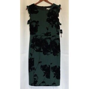 Sandra Darren Green with Black Velvet Floral Design  Midi Sheath Dress Size 10